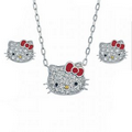 Hello Kitty Earrings & Pendant Necklace W/ Diamond Face & Enamel Bow